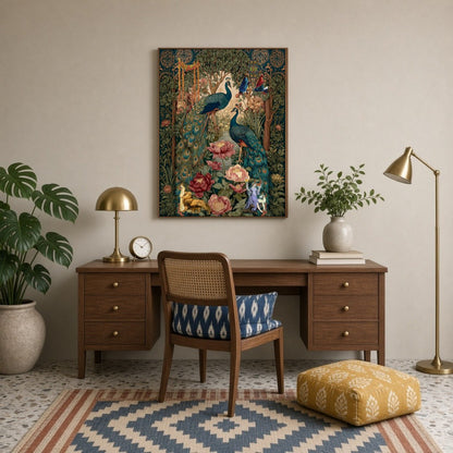 This exquisite Pichwai art print captures the regal elegance of majestic peacocks amidst a lush for Study