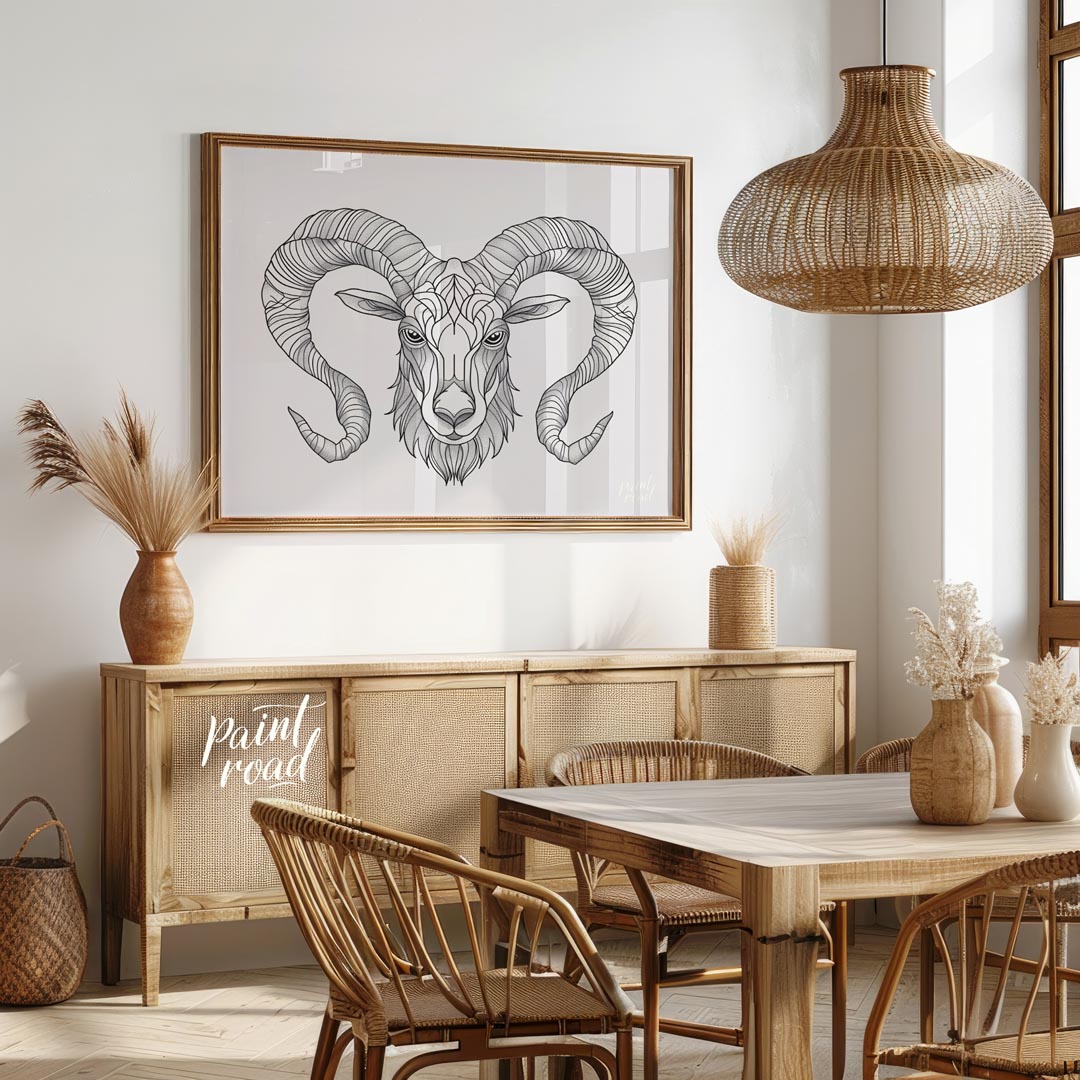 This highly detailed black and white illustration presents the head of a ram, characterized by its … for dining room
