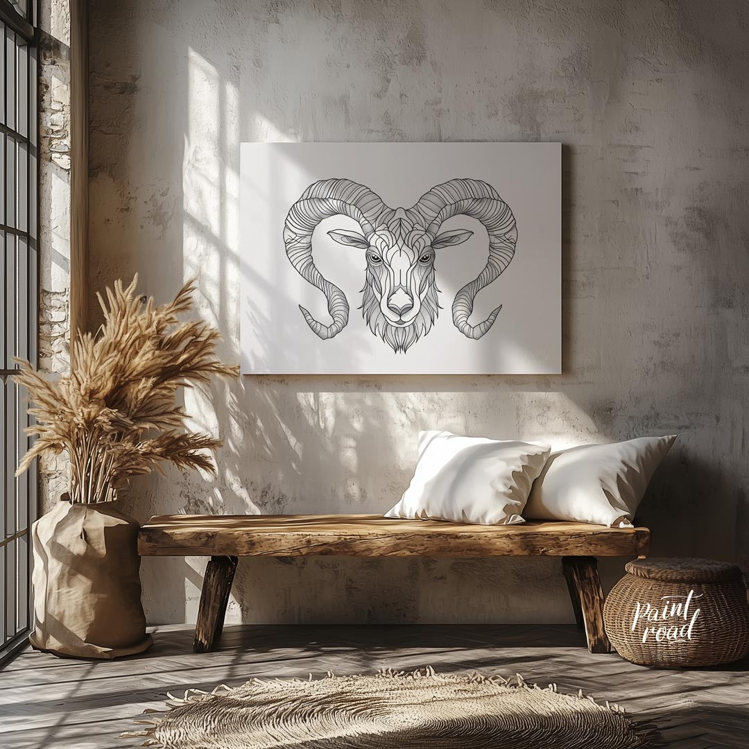This highly detailed black and white illustration presents the head of a ram, characterized by its … for entryway