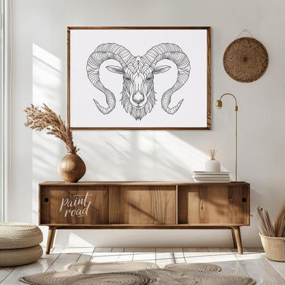 This highly detailed black and white illustration presents the head of a ram, characterized by its … for living room