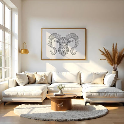 This highly detailed black and white illustration presents the head of a ram, characterized by its … for living room