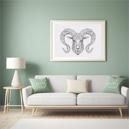 This highly detailed black and white illustration presents the head of a ram, characterized by its … for living room