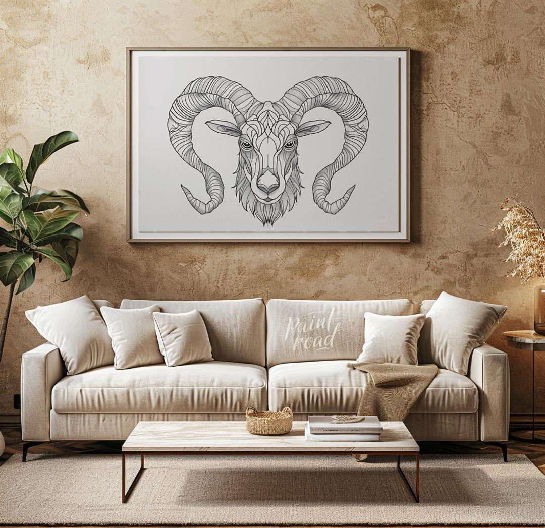 This highly detailed black and white illustration presents the head of a ram, characterized by its … for living room