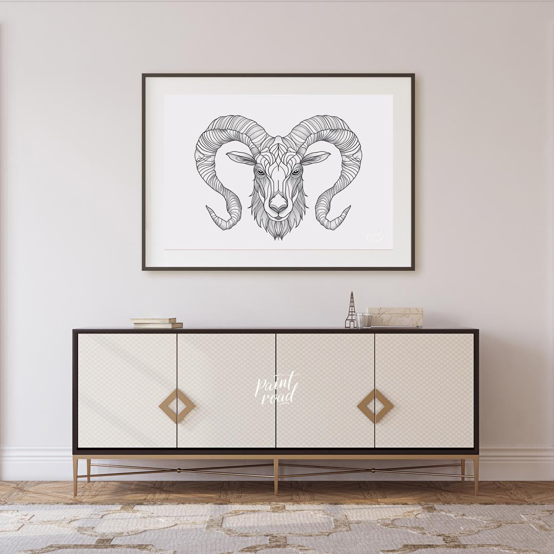 This highly detailed black and white illustration presents the head of a ram, characterized by its … for living room