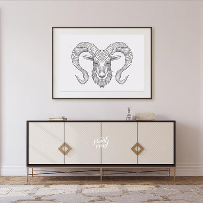 This highly detailed black and white illustration presents the head of a ram, characterized by its … for living room
