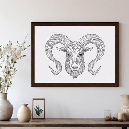 This highly detailed black and white illustration presents the head of a ram, characterized by its … for living room
