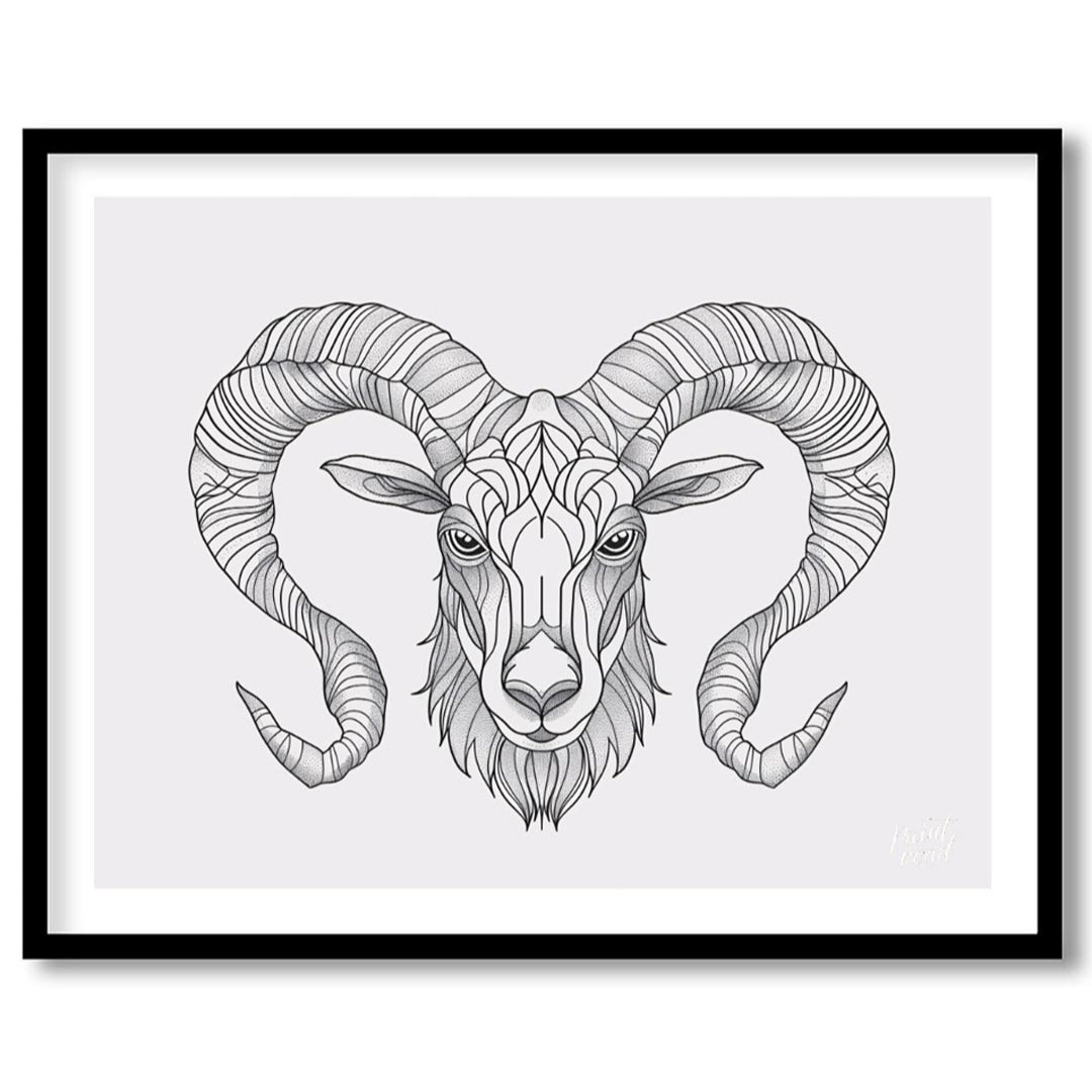This highly detailed black and white illustration presents the head of a ram, characterized by its … for lovely house