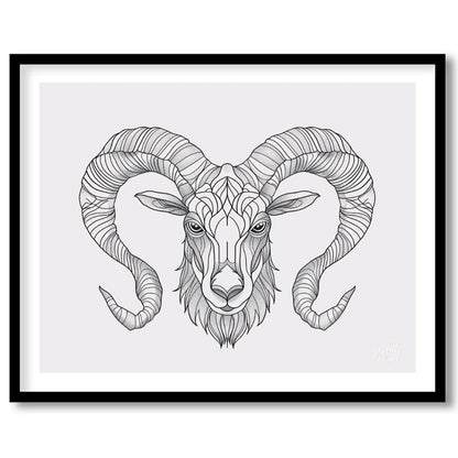 This highly detailed black and white illustration presents the head of a ram, characterized by its … for lovely house