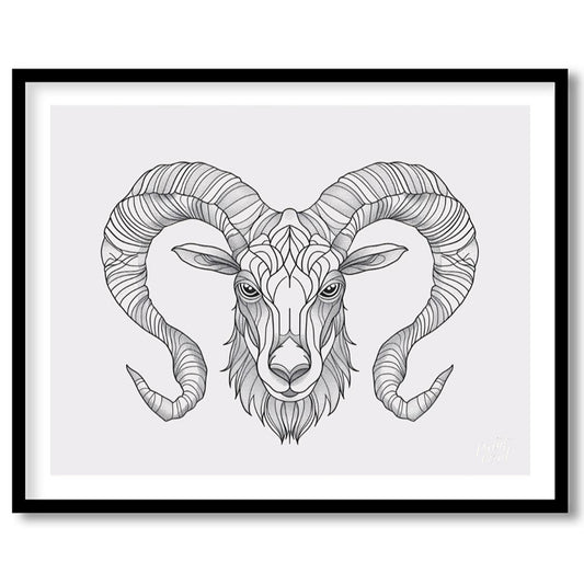 This highly detailed black and white illustration presents the head of a ram, characterized by its … for lovely house