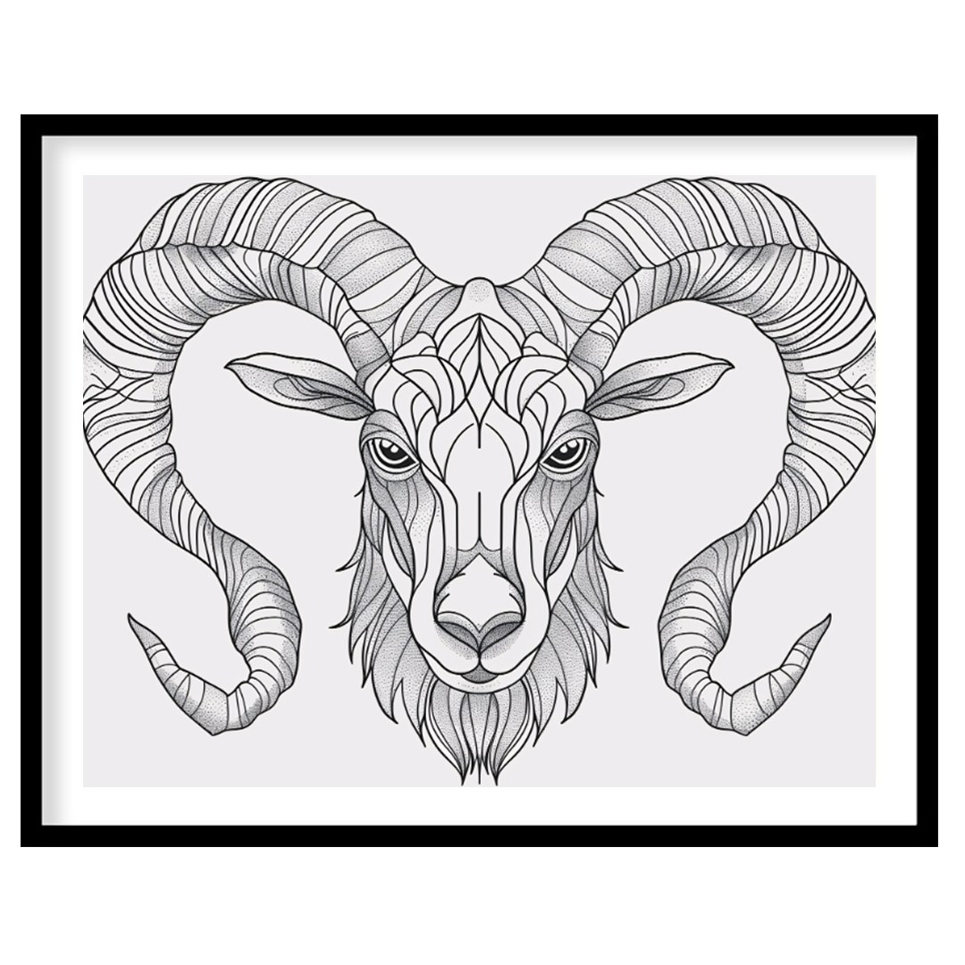 This highly detailed black and white illustration presents the head of a ram, characterized by its … for lovely house