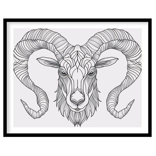 This highly detailed black and white illustration presents the head of a ram, characterized by its … for lovely house