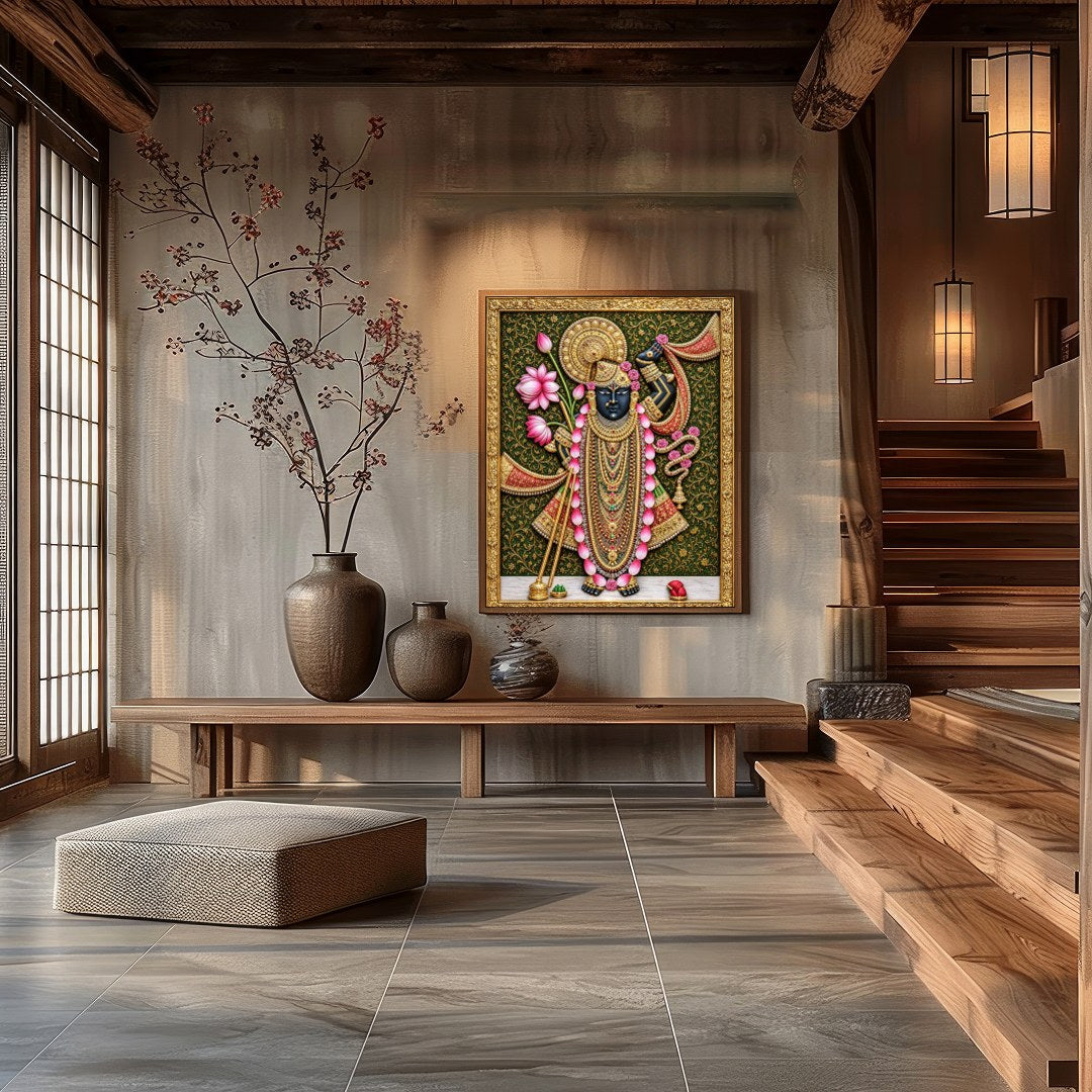 Immerse yourself in the spiritual elegance of this Pichwai masterpiece, featuring Lord Shrinathji for Dining