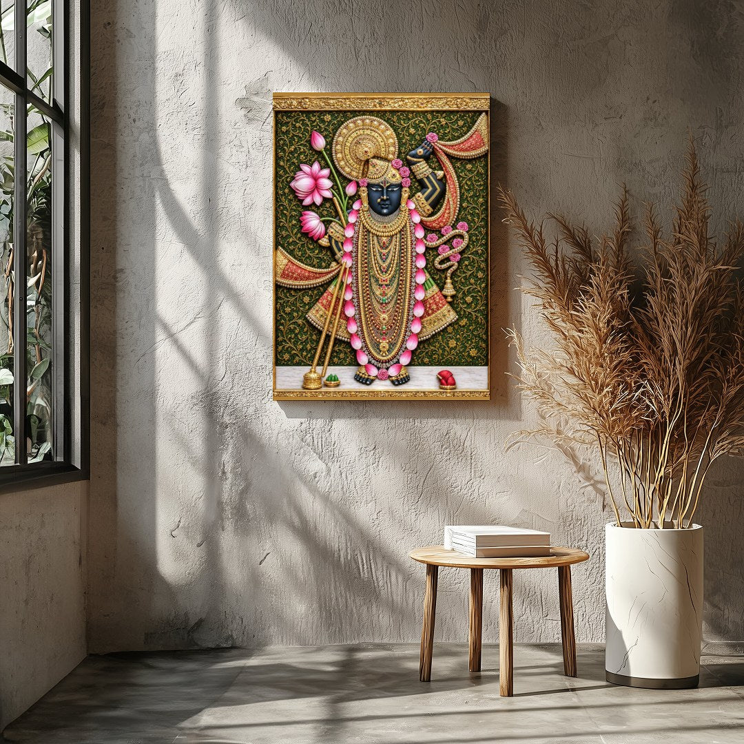 Immerse yourself in the spiritual elegance of this Pichwai masterpiece, featuring Lord Shrinathji for Home Temple