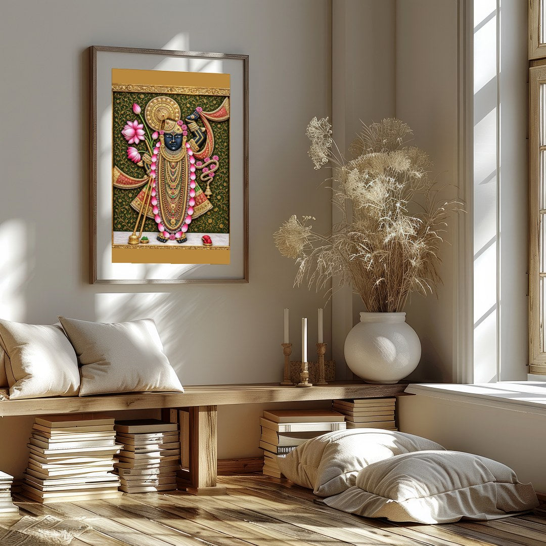Immerse yourself in the spiritual elegance of this Pichwai masterpiece, featuring Lord Shrinathji for Living Room