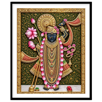 Immerse yourself in the spiritual elegance of this Pichwai masterpiece, featuring Lord Shrinathji for room