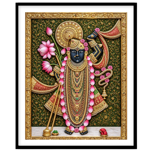 Immerse yourself in the spiritual elegance of this Pichwai masterpiece, featuring Lord Shrinathji for room