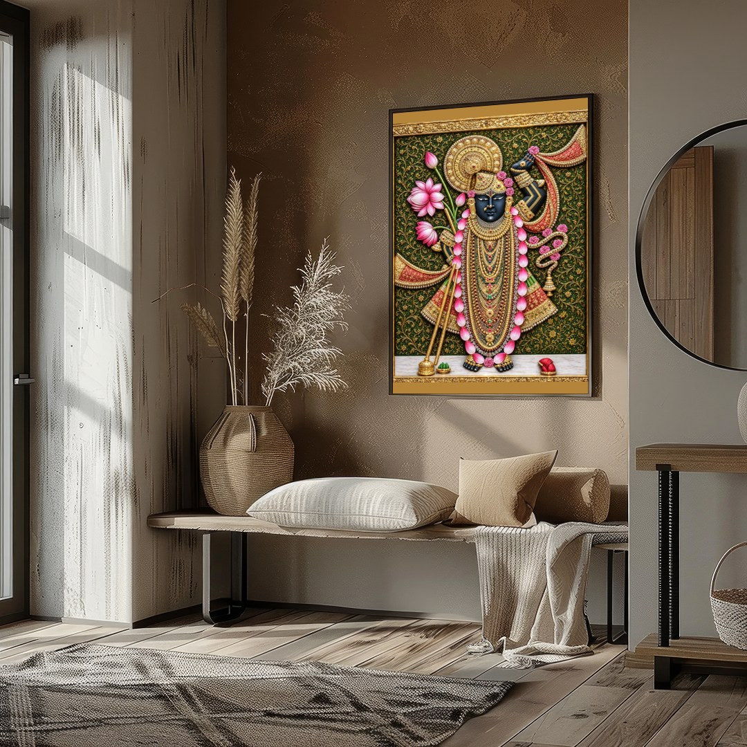 Immerse yourself in the spiritual elegance of this Pichwai masterpiece, featuring Lord Shrinathji for Sitting Lounge