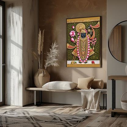 Immerse yourself in the spiritual elegance of this Pichwai masterpiece, featuring Lord Shrinathji for Sitting Lounge