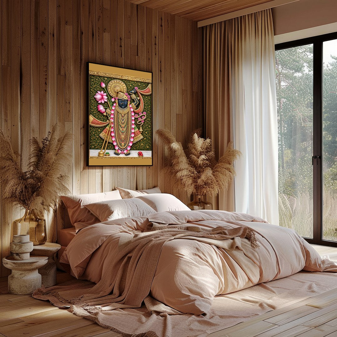 Immerse yourself in the spiritual elegance of this Pichwai masterpiece, featuring Lord Shrinathji for Study