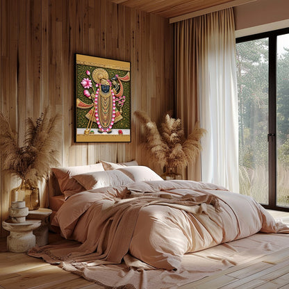 Immerse yourself in the spiritual elegance of this Pichwai masterpiece, featuring Lord Shrinathji for Study