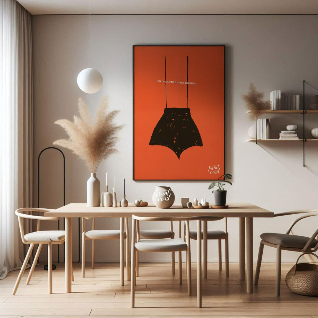 This striking vintage poster, likely from a mid-20th-century security campaign, features a minimali… for dining room