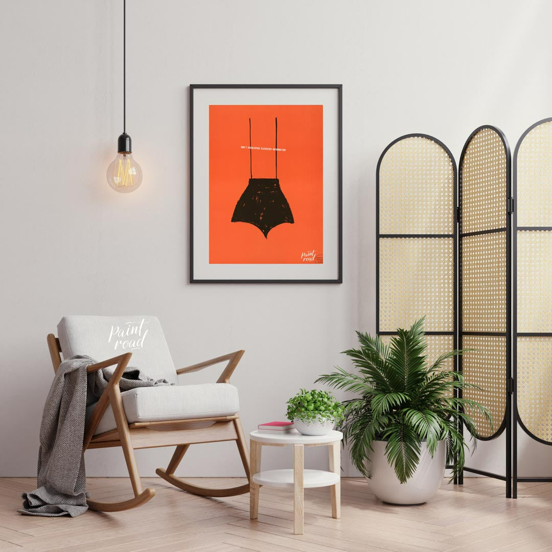 This striking vintage poster, likely from a mid-20th-century security campaign, features a minimali… for office