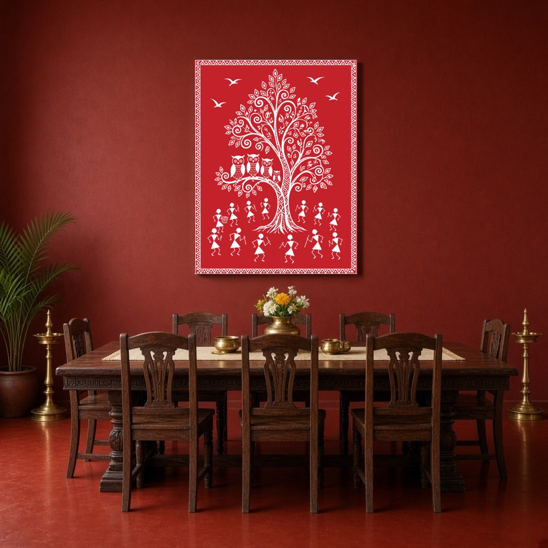 This captivating Warli art piece beautifully encapsulates village life with its iconic depiction of for Dining