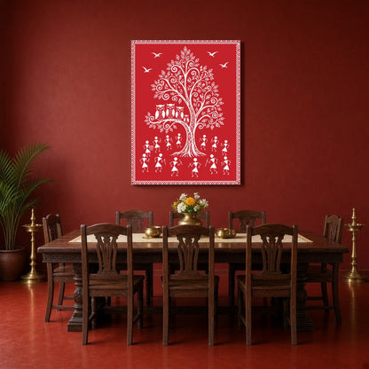 This captivating Warli art piece beautifully encapsulates village life with its iconic depiction of for Dining