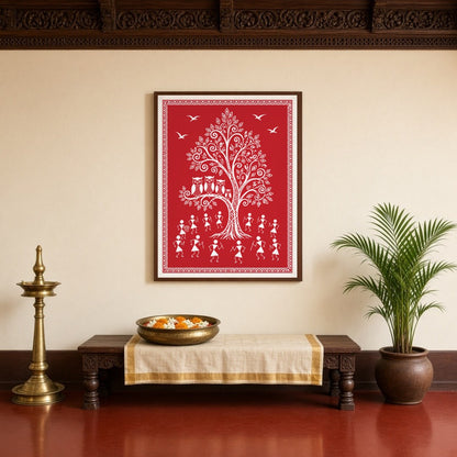 This captivating Warli art piece beautifully encapsulates village life with its iconic depiction of for Entrance