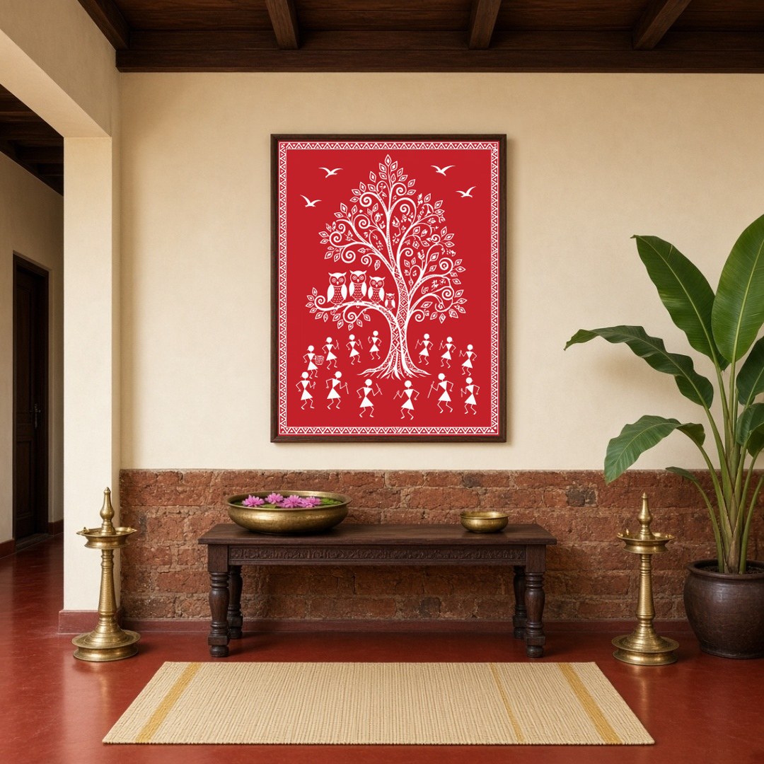 This captivating Warli art piece beautifully encapsulates village life with its iconic depiction of for Hallway