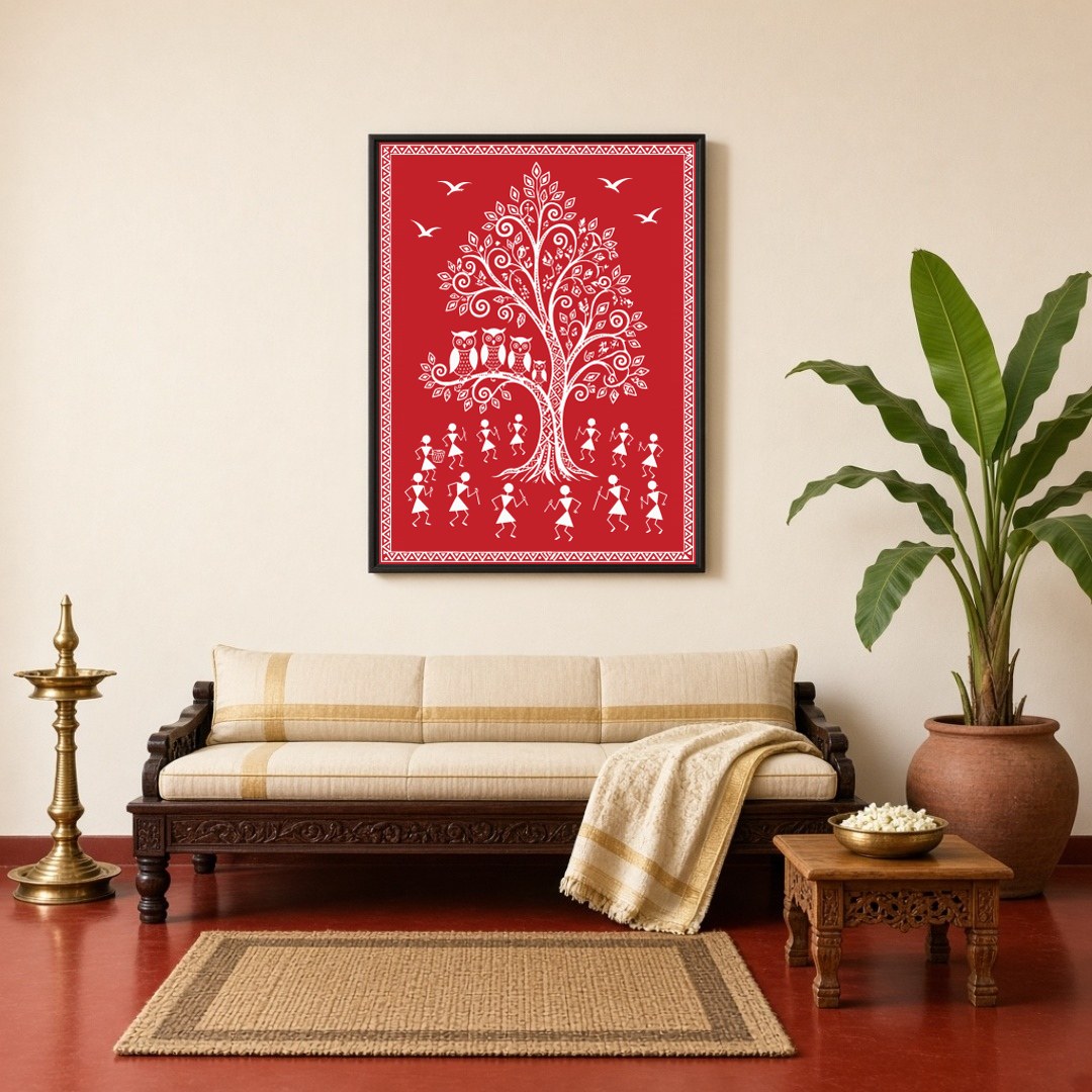 This captivating Warli art piece beautifully encapsulates village life with its iconic depiction of for Living Room
