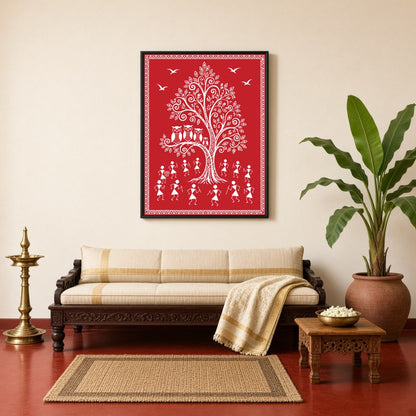 This captivating Warli art piece beautifully encapsulates village life with its iconic depiction of for Living Room