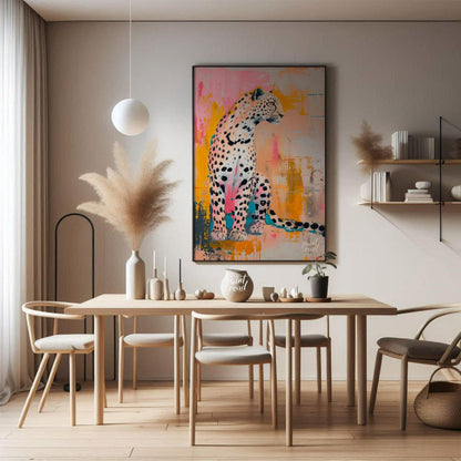 This artwork presents a leopard in a striking blend of realism and abstract expressionism. The leop… for dining room