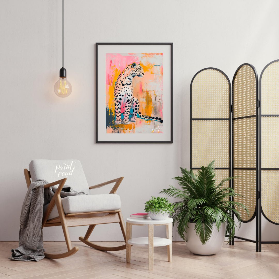 This artwork presents a leopard in a striking blend of realism and abstract expressionism. The leop… for living room
