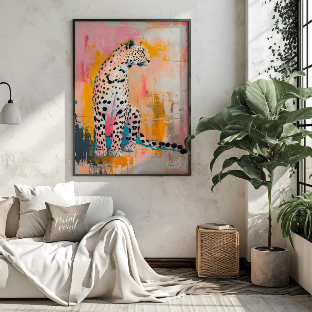 This artwork presents a leopard in a striking blend of realism and abstract expressionism. The leop… for living room