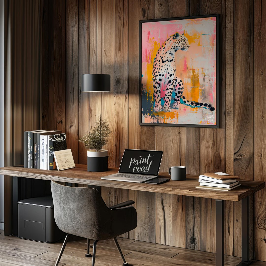 This artwork presents a leopard in a striking blend of realism and abstract expressionism. The leop… for office