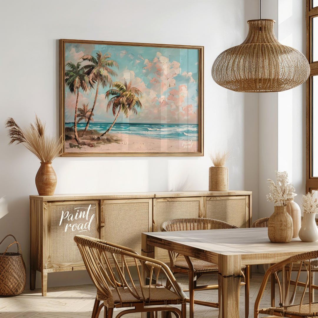 This serene painting captures the essence of a tropical beach paradise. Three palm trees sway gentl… for dining room