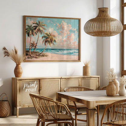 This serene painting captures the essence of a tropical beach paradise. Three palm trees sway gentl… for dining room