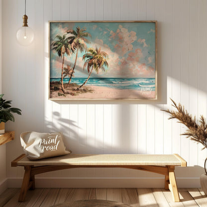 This serene painting captures the essence of a tropical beach paradise. Three palm trees sway gentl… for entryway