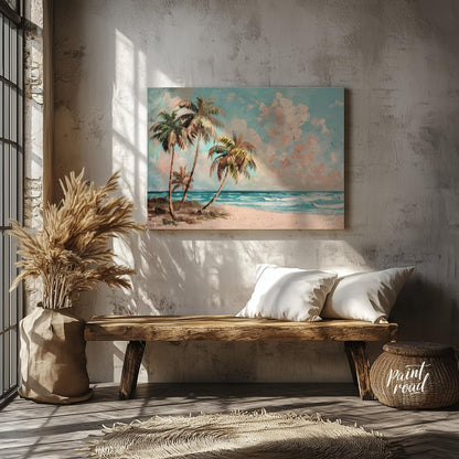 This serene painting captures the essence of a tropical beach paradise. Three palm trees sway gentl… for entryway