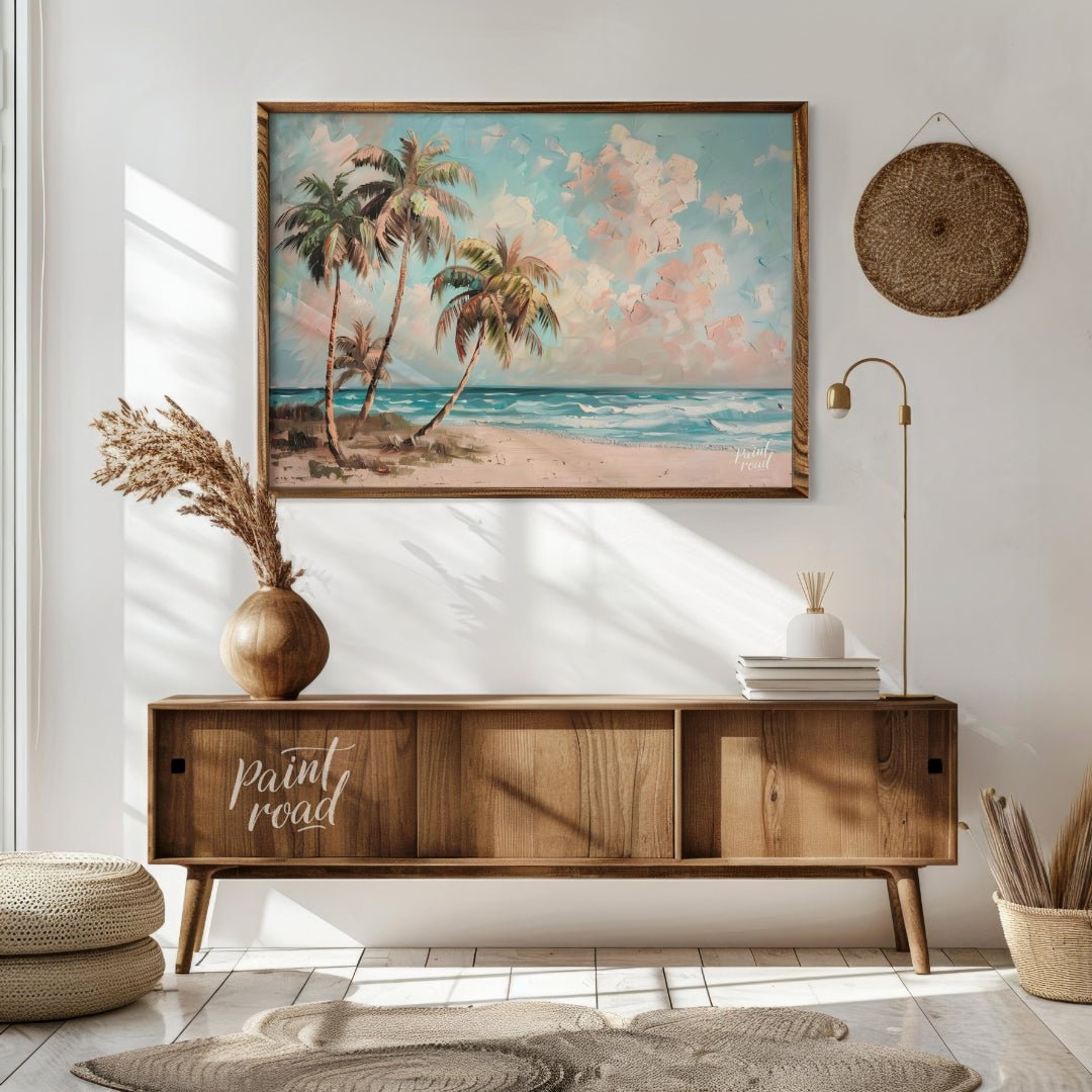This serene painting captures the essence of a tropical beach paradise. Three palm trees sway gentl… for living room