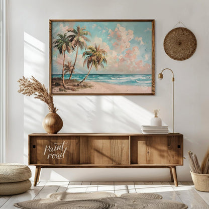 This serene painting captures the essence of a tropical beach paradise. Three palm trees sway gentl… for living room