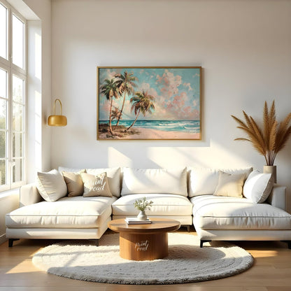 This serene painting captures the essence of a tropical beach paradise. Three palm trees sway gentl… for living room
