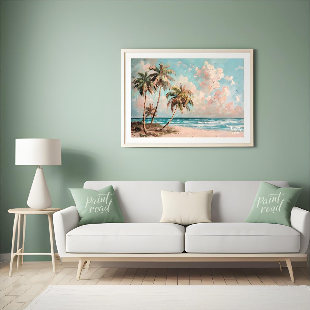 This serene painting captures the essence of a tropical beach paradise. Three palm trees sway gentl… for living room