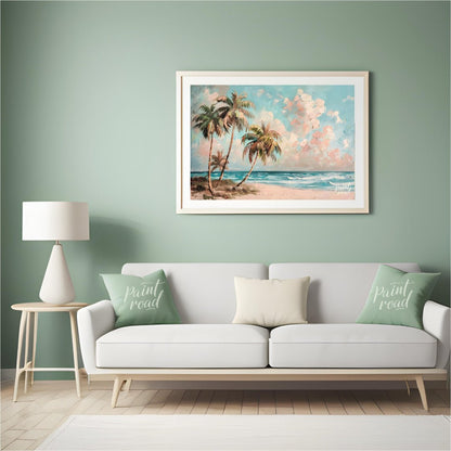 This serene painting captures the essence of a tropical beach paradise. Three palm trees sway gentl… for living room