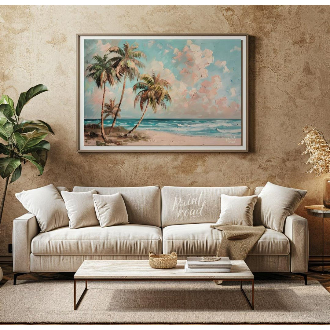 This serene painting captures the essence of a tropical beach paradise. Three palm trees sway gentl… for living room