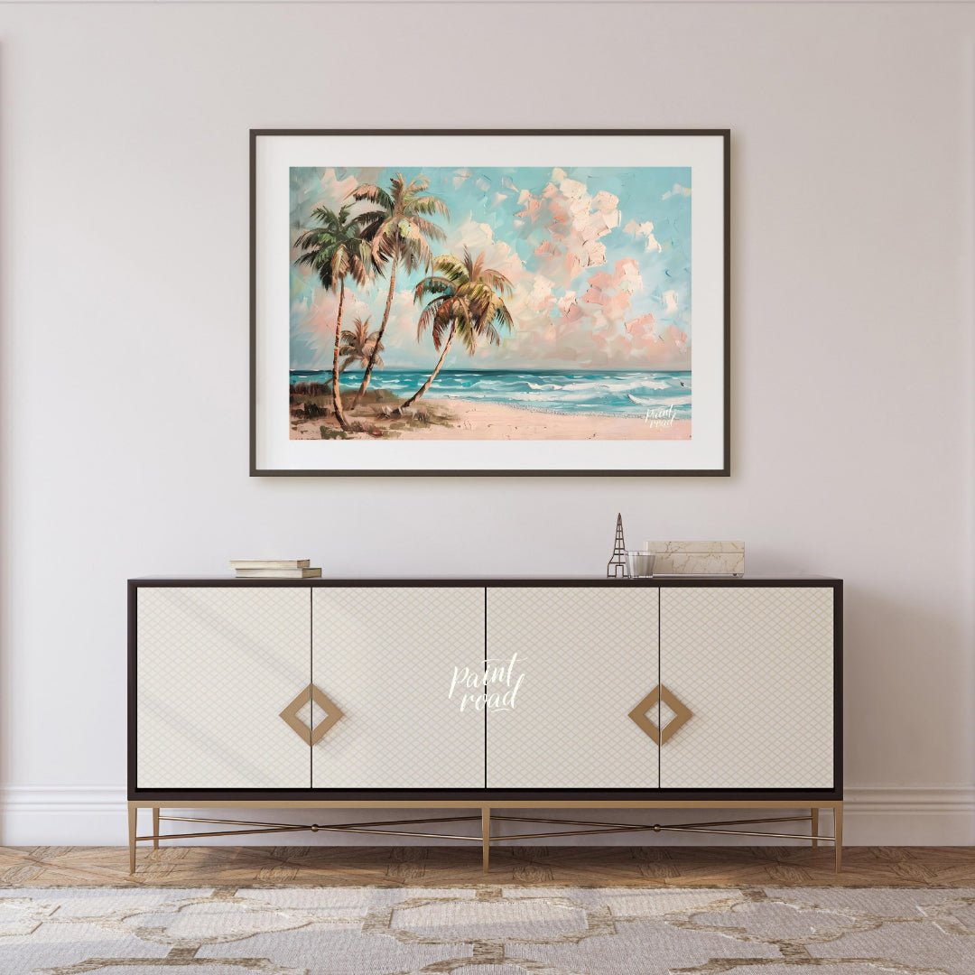 This serene painting captures the essence of a tropical beach paradise. Three palm trees sway gentl… for living room
