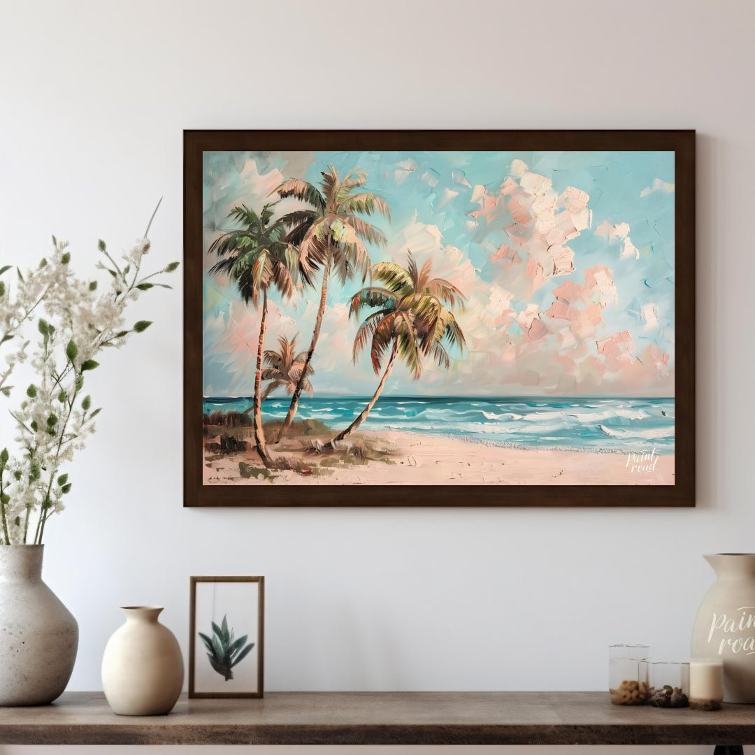 This serene painting captures the essence of a tropical beach paradise. Three palm trees sway gentl… for living room