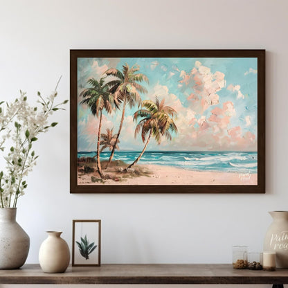 This serene painting captures the essence of a tropical beach paradise. Three palm trees sway gentl… for living room