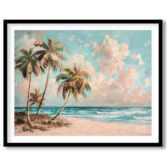 This serene painting captures the essence of a tropical beach paradise. Three palm trees sway gentl… for space